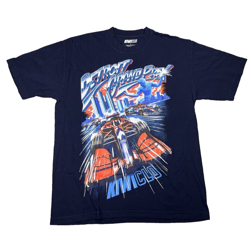 KIWICLO Detroit Grand Prix Racing Graphic T-Shirt Mens L Navy Cotton Crew Neck